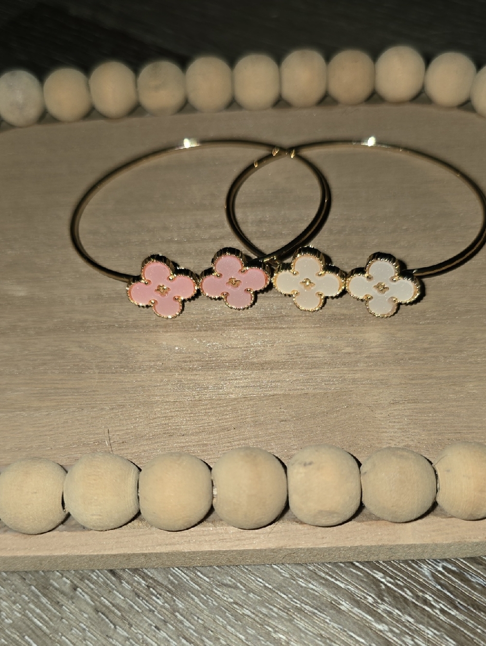 Gold Flower Bangle Bracelet Set with Pink and White Enamel Flowers